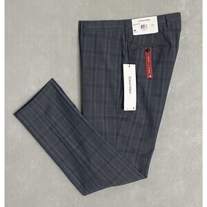 Calvin Klein Men's 33x32 Suit Pant Slim Fit Stretch Gray & Blue Plaid NEW